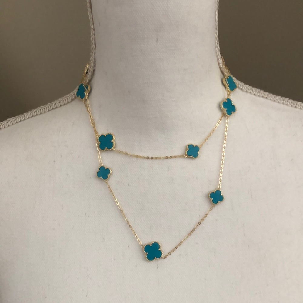 Genuine NWT turquoise clover station necklace on long gold over sterling chain - Picture 3 of 10